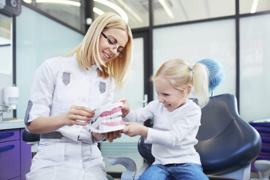 Dentist and child playing with teeth model